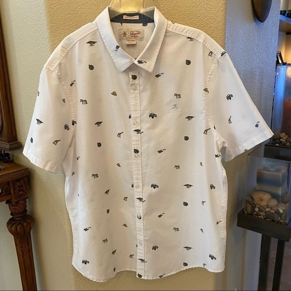PENGUIN Men White Slim Fit Safari Animal Print Button Short Sleeve Shirt- XXL - Picture 1 of 9